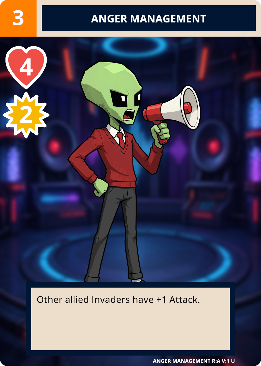 Anger Management. Cost 3, health 4, attack 2. Other allied Invaders have plus 1 attack.